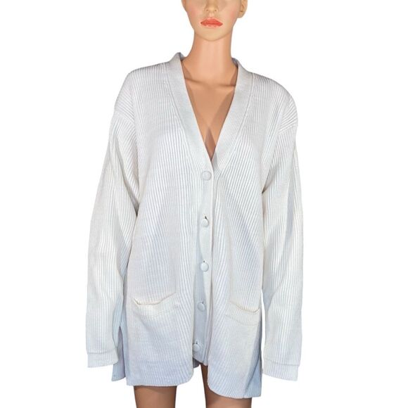 Basic Editions Oversized Ribbed Cardigan Women Size 1X Button Down Cream Sweater - Picture 1 of 6